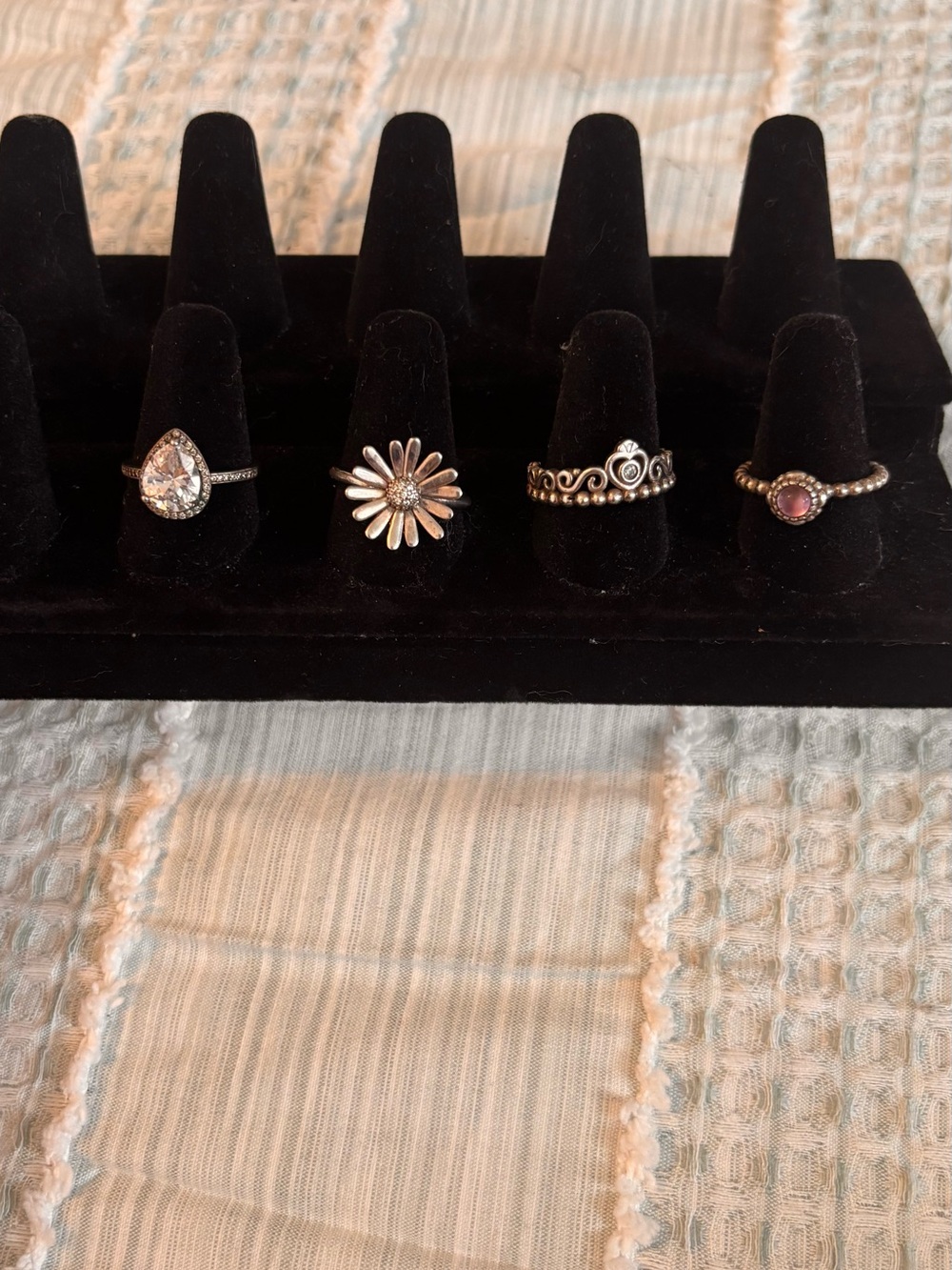 Delicate Mixed Silver Rings Set with Pink Accent